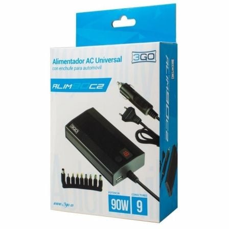 Cargador de Portátil 3GO Alim90C2/ 90W/ Manual/ 9 Conectores/ Voltaje 12 - 20V/ 1 USB/ con Adaptador para Coche - Tiensol