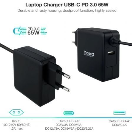 Cargador de Portátil TooQ TQLC - USBC65PD USB Tipo - C/ 65W/ Automático/ Voltaje 5 - 20V/ 1x USB - Tiensol