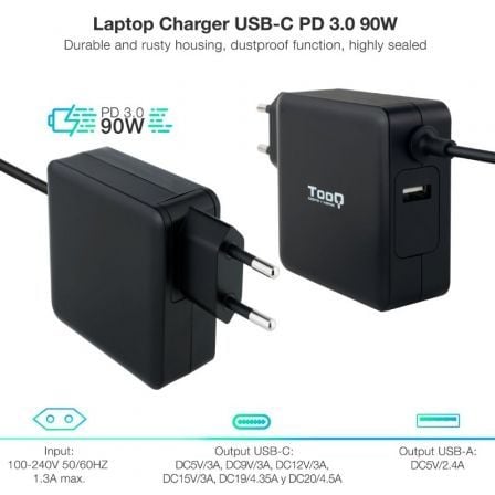 Cargador de Portátil TooQ TQLC - USBC90PD USB Tipo - C/ 90W/ Automático/ Voltaje 5 - 20V/ 1x USB Tipo - C - Tiensol