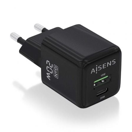 Cargador Gan de Pared Aisens ASCH - 20W2P011 - BK/ 1xUSB Tipo - C/ 1xUSB/ 20W - Tiensol