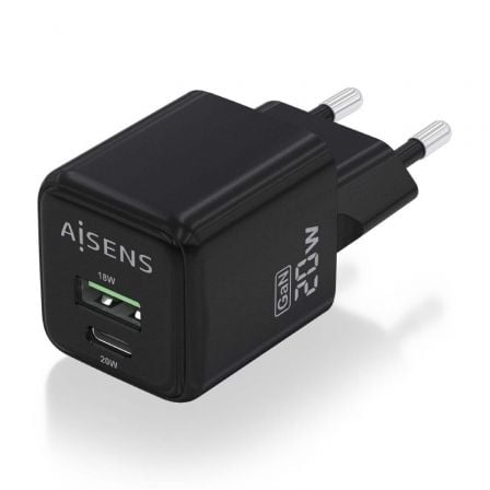 Cargador Gan de Pared Aisens ASCH - 20W2P011 - BK/ 1xUSB Tipo - C/ 1xUSB/ 20W - Tiensol