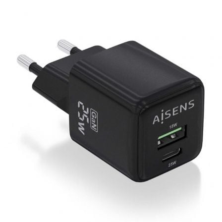 Cargador Gan de Pared Aisens ASCH - 25W2P015 - BK/ 1xUSB Tipo - C/ 1xUSB/ 25W - Tiensol