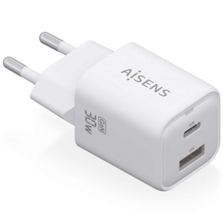 Cargador Gan de Pared Aisens ASCH - 30W2P020 - W/ 1xUSB Tipo - C/ 1xUSB/ 30W - Tiensol