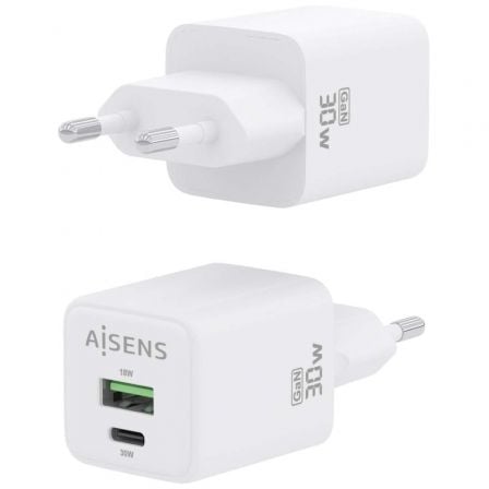 Cargador Gan de Pared Aisens ASCH - 30W2P037 - W/ 1xUSB Tipo - C/ 1xUSB/ 30W - Tiensol