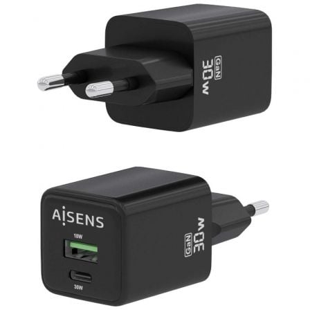 Cargador Gan de Pared Aisens ASCH - 30W2P038 - BK/ 1xUSB Tipo - C/ 1xUSB/ 30W - Tiensol