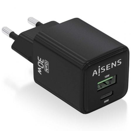 Cargador Gan de Pared Aisens ASCH - 30W2P038 - BK/ 1xUSB Tipo - C/ 1xUSB/ 30W - Tiensol