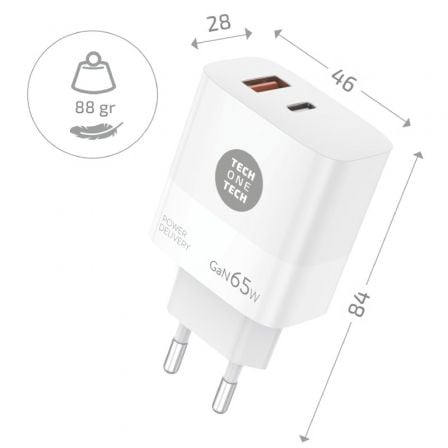 Cargador Gan de Pared Tech One Tech GaN PD TEC2273 / 1xUSB Tipo - C/ 1x USB/ 65W - Tiensol