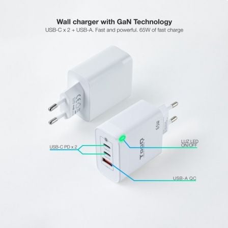 Cargador Gan de Pared TooQ TQWC - GANQC2PD65WT/ 2xUSB Tipo - C/ 1xUSB/ 65W - Tiensol