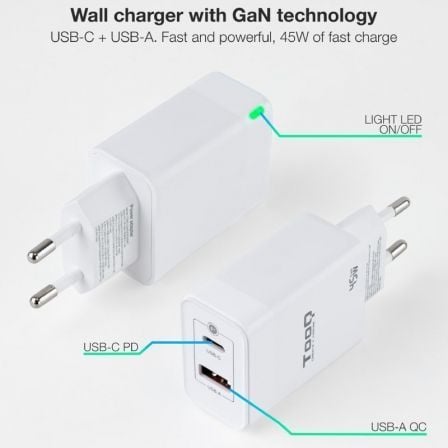 Cargador Gan de Pared TooQ TQWC - GANQCPD45WT/ 1xUSB Tipo - C/ 1xUSB/ 45W - Tiensol