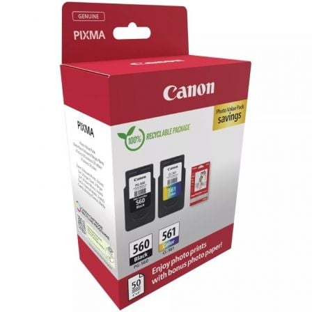 Cartucho de Tinta Original Canon PG - 560 + CL - 561 Multipack/ Negro/ Tricolor + Papel Fotográfico - Tiensol