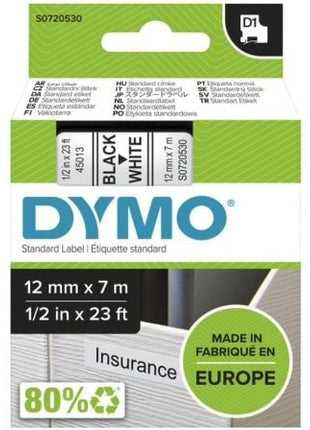 Cinta Rotuladora Adhesiva de Plástico Dymo D1 45013/ para Label Manager/ 12mm x 7m/ Negra - Blanca - Tiensol