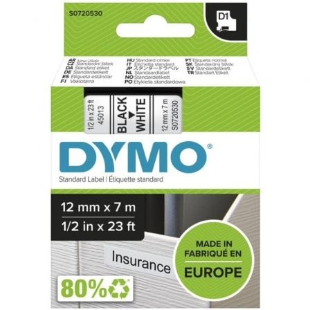 Cinta Rotuladora Adhesiva de Plástico Dymo D1 45013/ para Label Manager/ 12mm x 7m/ Negra - Blanca - Tiensol