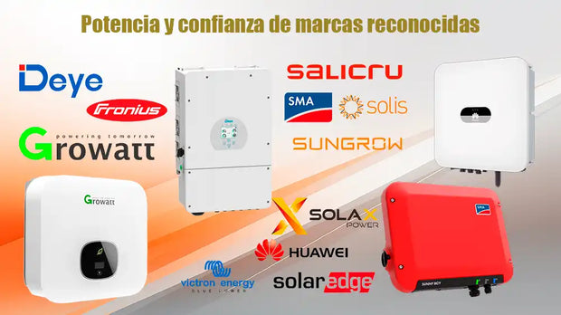 Un collage de inversores solares de varias marcas reconocidas.