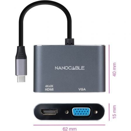 Conversor Nanocable 10.16.4303/ USB Tipo - C Macho/ HDMI Hembra - VGA Hembra/ 15cm/ Gris - Tiensol