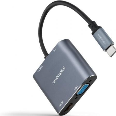 Conversor Nanocable 10.16.4304/ USB Tipo - C Macho/ HDMI 4K Hembra - VGA Hembra - USB Tipo - C PD Hembra - USB Hembra/ 15cm/ Gris - Tiensol