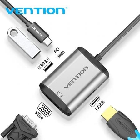 Conversor Vention TFAHB/ 1xUSB/ 1xHDMI/ 1xVGA/ 1xUSB Tipo - C PD/ 15cm/ Gris - Tiensol