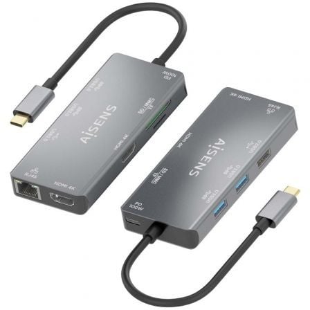 Docking USB Tipo - C Aisens ASUC - 9P018 - GR/ 2xHDMI/ 3xUSB/ 1xRJ45/ 1xLector Tarjetas/ 1xUSB Tipo - C PD/ Gris - Tiensol