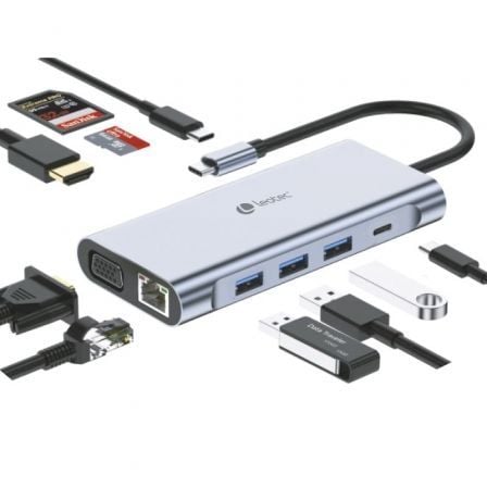 Docking USB Tipo - C Leotec LEDS01/ 3xUSB/ 2xUSB Tipo - C/ 1xUSB Tipo - C PD/ 1xHDMI 4K/ 1xVGA/ 1xRJ45/ 1xAudio/ 1xLector Tarjetas SD y MicroSD/ Gris - Tiensol