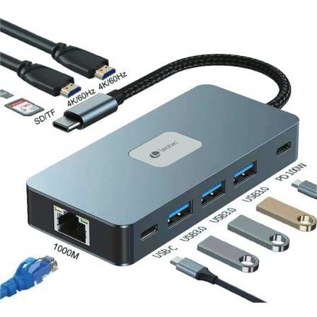 Docking USB Tipo - C Leotec LEDS02/ 3xUSB/ 1xUSB Tipo - C/ 1xUSB Tipo - C PD/ 2xHDMI 4K/ 1xRJ45/ 1xLector Tarjetas SD y MicroSD/ Gris - Tiensol