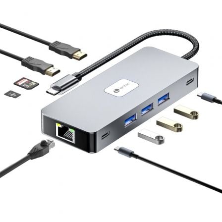 Docking USB Tipo - C Leotec LEDS02/ 3xUSB/ 1xUSB Tipo - C/ 1xUSB Tipo - C PD/ 2xHDMI 4K/ 1xRJ45/ 1xLector Tarjetas SD y MicroSD/ Gris - Tiensol