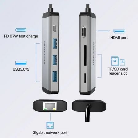 Docking USB Tipo - C Vention CNDHB/ 1xHDMI/ 3xUSB/ 1xUSB Tipo - C PD/ 1xRJ45/ 1xLector tarjetas/ Gris - Tiensol