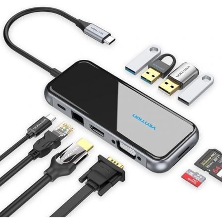 Docking USB Tipo - C Vention TFGHB/ 1xVGA/ 1xHDMI/ 4xUSB/ 1xUSB Tipo - C PD/ 1xRJ45/ 1xLector Tarjetas SD/ Gris - Tiensol