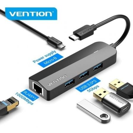 Docking USB Tipo - C Vention TGPBB/ 3xUSB/ 1xRJ45/ 1xMicro B PD/ Negro - Tiensol