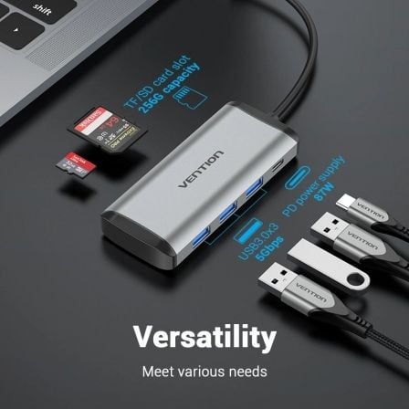 Docking USB Tipo - C Vention TGRHB/ 3xUSB/ 1xLector Tarjetas/ 1xUSB Tipo - C PD/ Gris - Tiensol