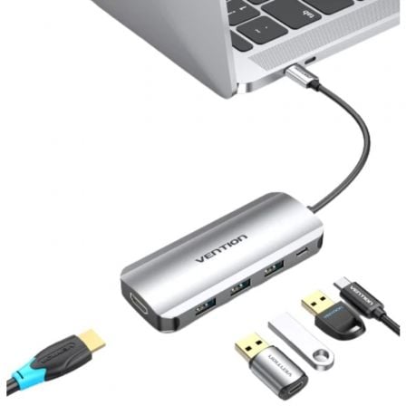 Docking USB Tipo - C Vention THFHB/ 1xHDMI 4K/ 3xUSB/ 1xUSB Tipo - C PD/ Gris - Tiensol