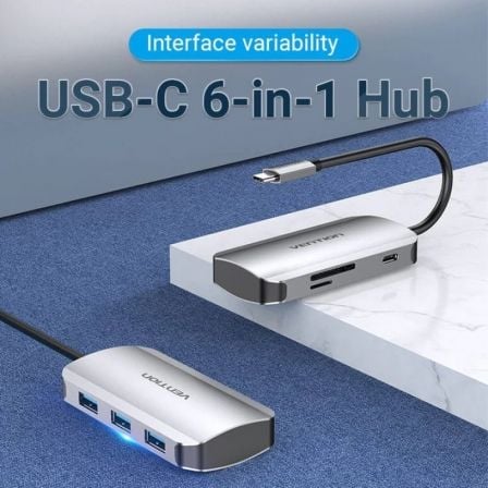 Docking USB Tipo - C Vention TNHHB/ 3xUSB/ 1xUSB Tipo - C PD/ 1xLector Tarjetas SD y MicroSD/ Gris - Tiensol