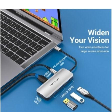 Docking USB Tipo - C Vention TOIHB/ 1xHDMI/ 1xVGA/ 3xUSB/ 1xUSB Tipo - C PD/ Gris - Tiensol