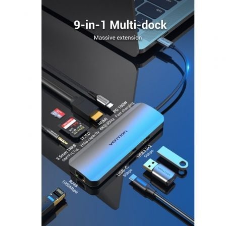 Docking USB Tipo - C Vention TOMHB/ 1xHDMI/ 2xUSB/ 1xUSB Tipo - C/ 1xUSB Tipo - C PD/ 1xRJ45/ 1xLector Tarjetas SD y MicroSD/ Jack 3.5/ Gris - Tiensol