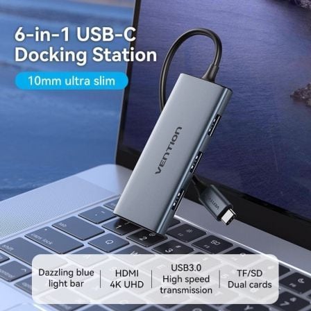 Docking USB Tipo - C Vention TOOHB/ 1xHDMI/ 3xUSB/ 1xLector Tarjetas SD y MicroSD/ Gris - Tiensol