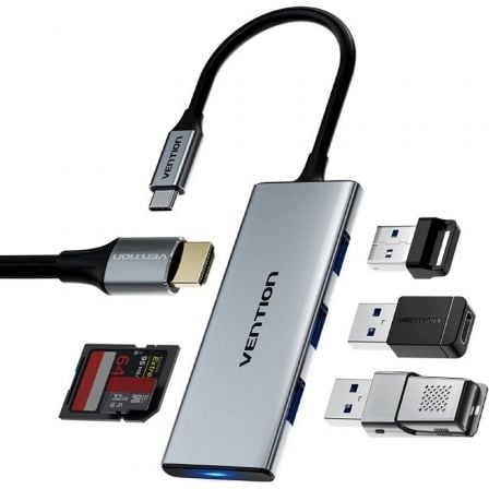 Docking USB Tipo - C Vention TOPHB/ 1xHDMI/ 3xUSB/ 1xLector Tarjetas SD y MicroSD/ Gris - Tiensol