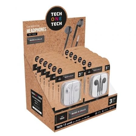 Expositor de Auriculares Tech One Tech EarTECH TEC1003 / con Micrófono/ Jack 3.5/ Incluye 6 Auriculares Blancos y 6 Auriculares Negros - Tiensol