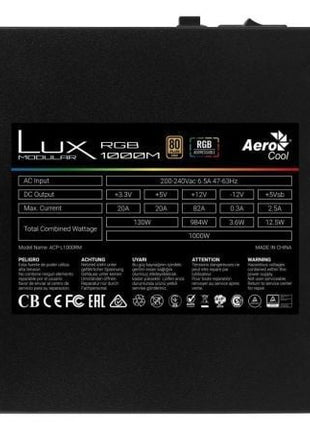 Fuente de Alimentación Aerocool LUX RGB 1000M/ 1000W/ Ventilador 12cm/ 80 Plus Gold - Tiensol