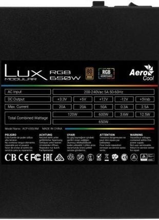 Fuente de Alimentación Aerocool LUX RGB 650M/ 650W/ Ventilador 12cm/ 80 Plus Bronze - Tiensol