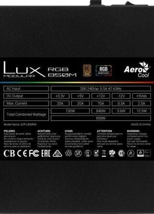 Fuente de Alimentación Aerocool LUX RGB 850M/ 850W/ Ventilador 12cm/ 80 Plus Bronze - Tiensol