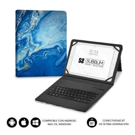 Funda con Teclado Subblim Keytab Pro Bluetooth para Tablets de 9' - 11'/ Marmol Azul - Tiensol