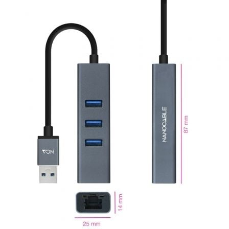 Hub USB 3.0 Nanocable 10.03.0407/ 3xUSB/ 1xRJ45/ Gris - Tiensol