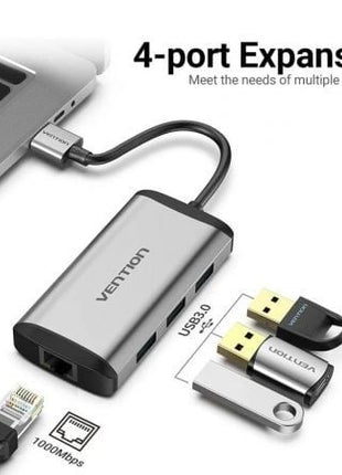 Hub USB 3.0 Vention CKBHB/ 3xUSB/ 1xRJ45/ Gris - Tiensol