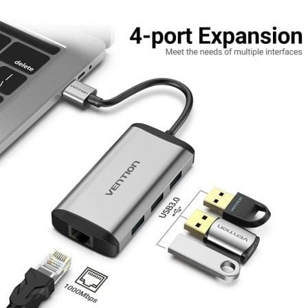 Hub USB 3.0 Vention CKBHB/ 3xUSB/ 1xRJ45/ Gris - Tiensol