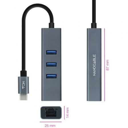 Hub USB Tipo - C Nanocable 10.03.0408/ 3xUSB/ 1xRJ45/ Gris - Tiensol