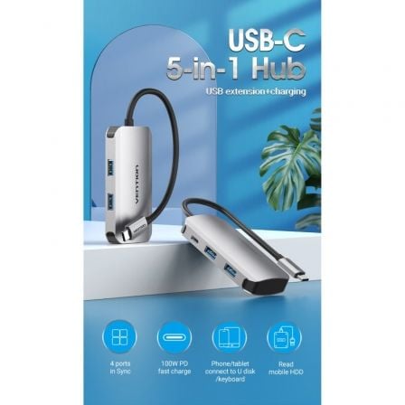 Hub USB Tipo - C Vention TNBHB/ 4xUSB/ 1xUSB Tipo - C PD - Tiensol