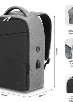 Mochila Subblim Secure V2 AP para Portátiles hasta 15.6'/ Puerto USB/ Antirrobo/ Gris - Tiensol