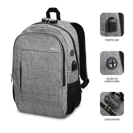 Mochila Subblim Urban Lock para Portátiles hasta 16'/ Puerto USB/ Antirrobo/ Gris - Tiensol