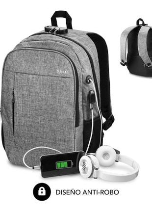 Mochila Subblim Urban Lock para Portátiles hasta 16'/ Puerto USB/ Antirrobo/ Gris - Tiensol