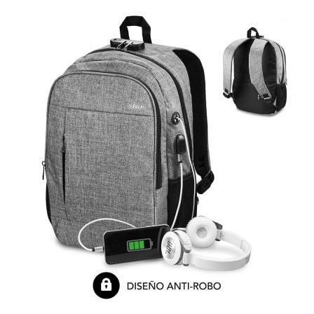 Mochila Subblim Urban Lock para Portátiles hasta 16'/ Puerto USB/ Antirrobo/ Gris - Tiensol