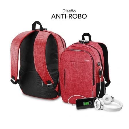 Mochila Subblim Urban Lock para Portátiles hasta 16'/ Puerto USB/ Antirrobo/ Rojo - Tiensol