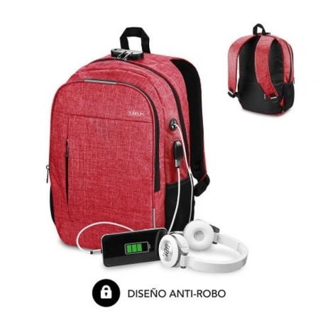 Mochila Subblim Urban Lock para Portátiles hasta 16'/ Puerto USB/ Antirrobo/ Rojo - Tiensol